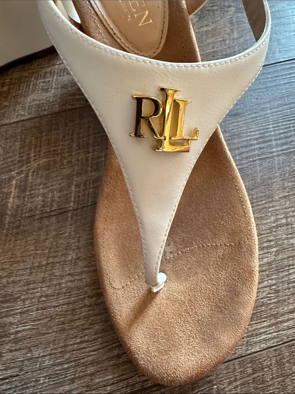 Ralph Lauren Lauren white Wedge Thong Sandals with Gold logo Accent